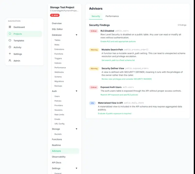 Advisors performance view with a list of optimisation findings.