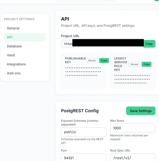 API settings panel with the project URL and masked anon and service-role keys.