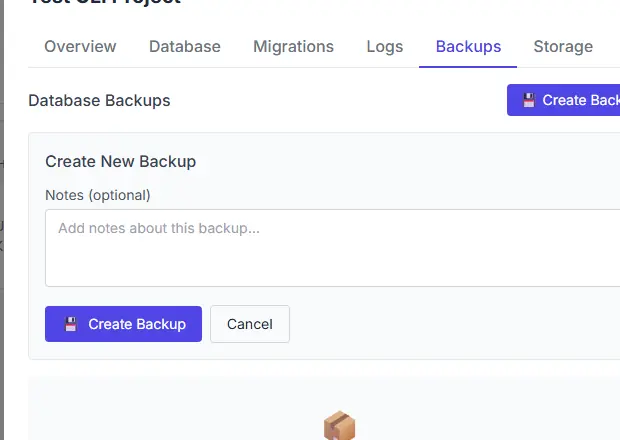 Create Backup dialog with a name field and Create and Cancel actions.