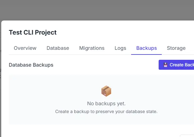 Database dialog on the Backups tab with the Create Backup button and an empty-state message saying no backups exist yet.