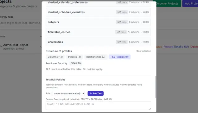 Row-level security test panel running a probe query as the anonymous role.
