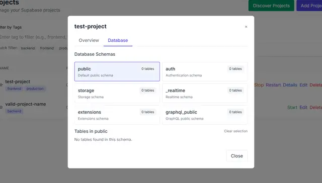 Database tab with the schema tree open on the public schema.