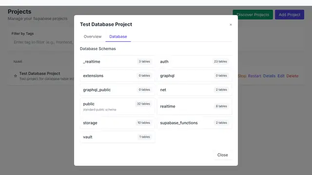 Database tab listing the project's schemas with table counts, including public, auth, storage, realtime and supabase_functions.