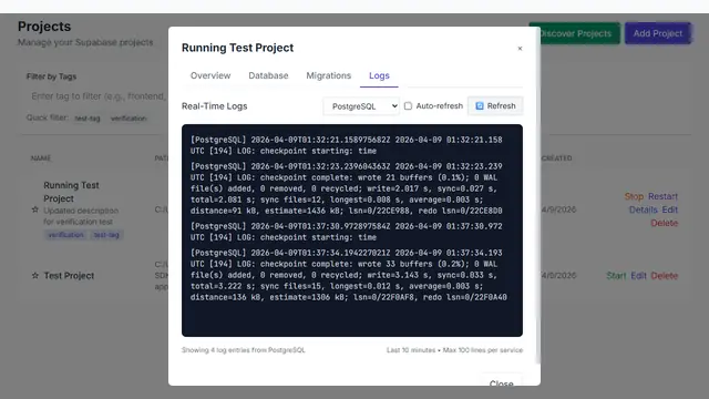 Real-time logs panel for PostgreSQL with a service selector, auto-refresh toggle and a stream of log entries.