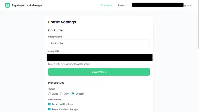 Profile settings page with display name, avatar URL, theme, notification preferences and a password change section; the account header and avatar URL are redacted.