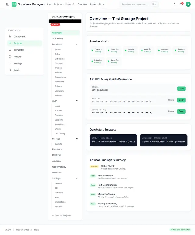 Project overview showing service health for Postgres, Kong, Studio, Auth, Storage and Realtime, masked API keys, quickstart snippets, and an advisor findings summary.