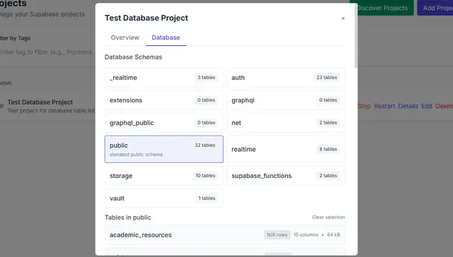 Database tab with a table list showing row counts for each table.