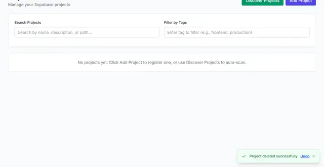 Projects page with the empty-state message and a success toast reading Project deleted successfully, with an Undo link.