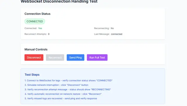 WebSocket test panel showing a connected state and the measured latency.