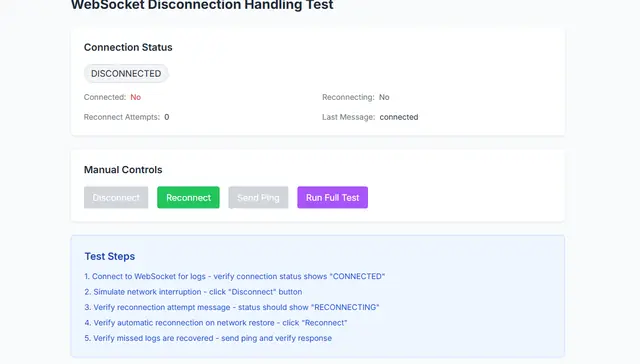 WebSocket test panel showing a disconnected state.