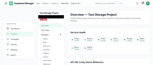 Project overview page with service health rows and an API URL and key quick reference below them.