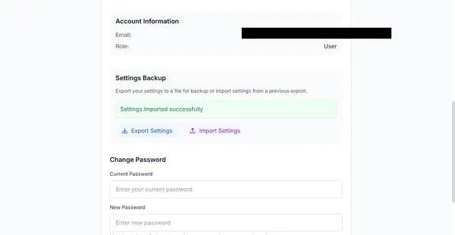 Profile settings page with a settings backup section containing Export Settings and Import Settings buttons, and the account email redacted.