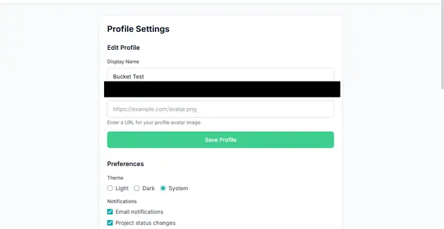 Profile settings page after a saved preference, with the theme and notification controls in view; the avatar URL is redacted.