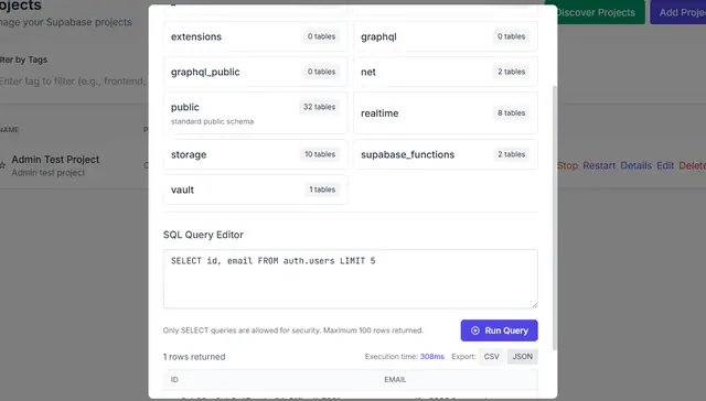Export dialog after a query result export finished, with the file name and row count.