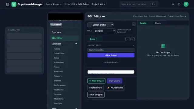 SQL editor with a role selector, snippet tree, query editor, read-only toggle, Run Query, Explain Plan and AI Assistant controls.