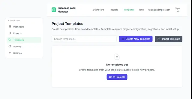 Templates page with an empty-state message and Create New Template and Import Template buttons.